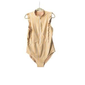 Mott50 Yellow Striped Ruffle 1/4 zip One Piece Swimsuit Classic Swim XL